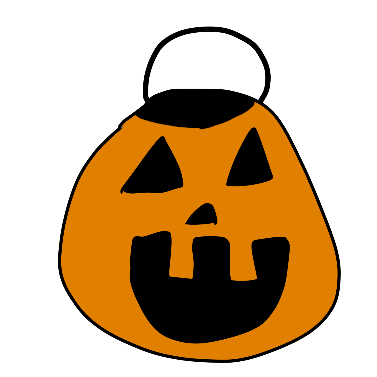  Jack o lantern shaped object with an opening and a thin black handle.